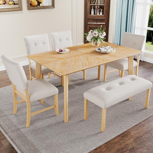 Merax 6 Piece Solid Wood Dining Table Set for 6, Rustic Farmhouse Rectangular with 4 Upholstered Wooden Chairs and 1 Bench, Kitchen Room, Natural Wood Wash Merax