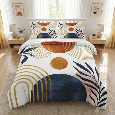 WeCozy Queen Size Comforter Set with 2 Pillowcases, Mid Century 3 Pcs Bedding for Adults, Sun Boho Geometric Leaf Soft Comforter Set for Bedroom Bed Decor