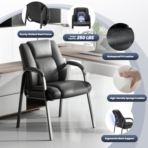 MALOL Office Guest Chair with Armrest, PU Leather Reception Chair for Office & Waiting Room, 250LBS, One-Piece Welded Steel Frame, Sponge Cushion for Long Sitting Comfort – Black,Set of 4