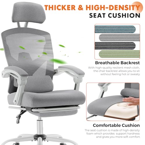 Sweetcrispy Office Computer Desk Chair with Footrest,Ergonomic High-Back Mesh Rolling Work Swivel Chairs with Wheels,Comfortable Lumbar Support,Comfy Arms for Home,Bedroom,Study,Student,Light Grey Sweetcrispy