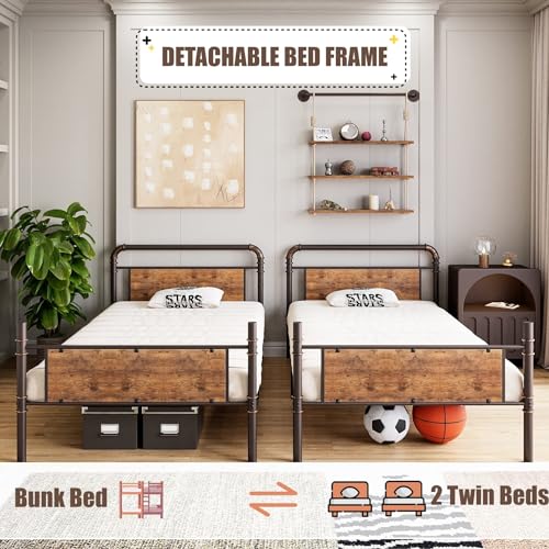 GAOMON Bunk Bed Twin Over Twin,Metal Bunkbeds with Ladders & 16.6" Safety Guardrail,Twin Bunk Beds for Kids,Adults and Small Spaces,No Box Spring Needed,Brown GAOMON