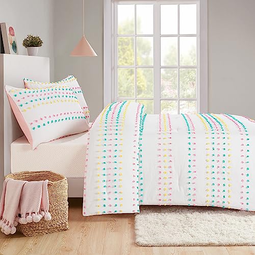 HOMBYS Tufted Pom Poms Bedding Comforter Set for Girls, 3 Piece White Boho Jacquard Kids Comforter Set for All Season,Twin/Twin XL Size HOMBYS