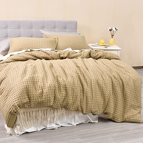 PHF 100% Cotton Waffle Duvet Cover Full, Ultra Soft Skin-Friendly Duvet Cover Set for All Season, Luxury Decorative Textured Comforter Cover with Pillow Shams Bedding Collection, 80"x90", Khaki PHF