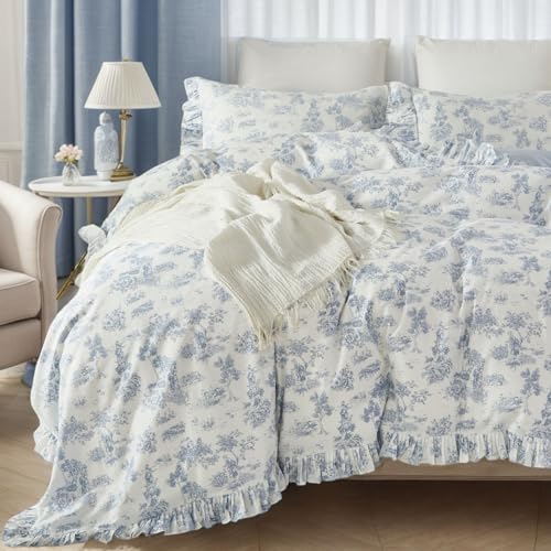 Brandream French Country Garden Toile Floral Duvet Quilt Cover King Size 100% Cotton Bedding Set Toile Tapestry Pattern Blossom Tree Branches Delicate Ruffle Fringe Design Brandream