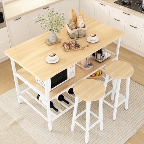AWQM 3-Piece Beige Bar Table Set with Storage & Stools for Small Spaces AWQM