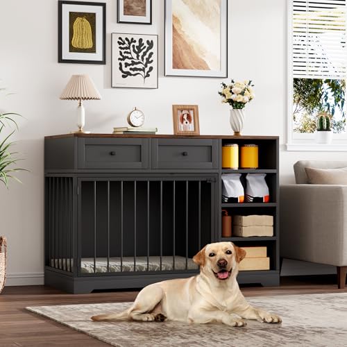 IDEALHOUSE 47” Large Dog Crate, Dog Kennel Indoor with 2 Drawers and 4 Shelves, Dog Crate Furniture TV Stand, Wooden Dog Cage for Medium Large Dogs, Black IDEALHOUSE