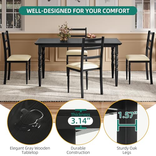 YITAHOME 5-Piece Dining Table Set for 4, Farmhouse Dining Room Table with Chairs Faux Leather Upholstered, Rectangular Kitchen Dinner Table Set for Small Spaces & Apartment, Black YITAHOME