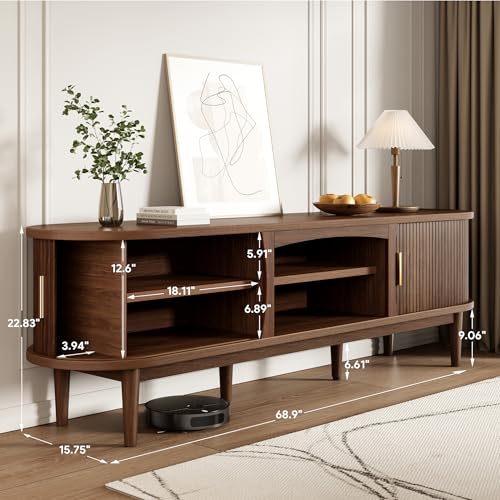 Decofy Mid Century TV Stand for TVs up to 80 Inches, Entertainment Center with Storage, Power Outlet, Fluted Sliding Doors & Adjustable Shelves, Modern Media TV Console Table for Living Room (Walnut) Decofy