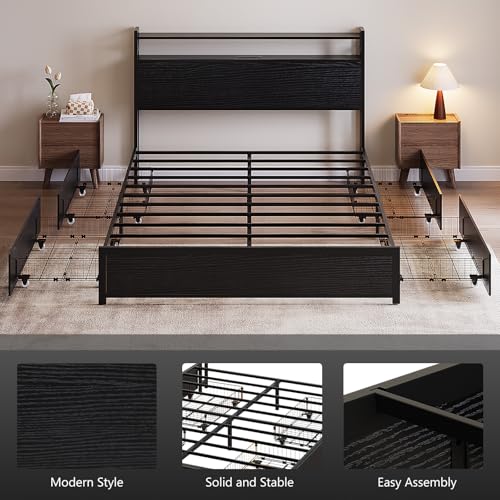 VINGLI Queen Platform Bed Frame with 4 Storage Drawers and Adjustable Headboard Shelf, Metal Bed with Charging Station and LED Lights, No Box Spring Needed, Noise Free, Easy Assembly, Black VINGLI
