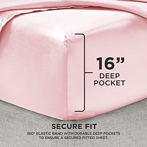 Juicy Couture King Size Silk Satin Bed Sheet Set, Deep Pocket Silky King Sheet Set with 1 Fitted Sheet, 1 Flat Sheet and 2 Pillow Case, Wrinkle Resistant and Anti Pilling Bed Sheets - Pink Juicy Couture