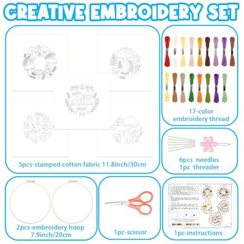 ACRNIGHEET 5PCS Embroidery Kit for Beginners Adults, Mushroom Embroidery Kit, Embroidery Starter Kit with Instructions, Including 5 Stamped Embroidery Cloth Hoops Threads, Crafts Gift Idea