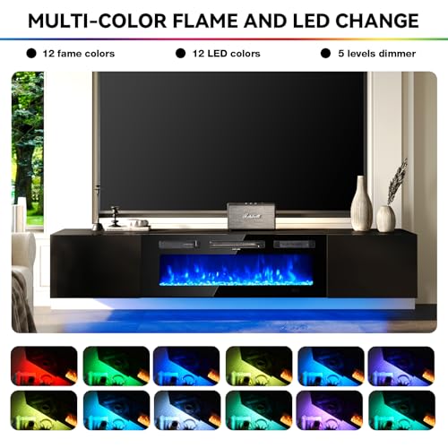 OneBlis 70'' Floating TV Stand with 36" Electric Fireplace, Wall Mounted Entertainment Center with Storage for TVs up to 80", Adjustable 12-Color LED Media TV Console for Living Room,All Black OneBlis