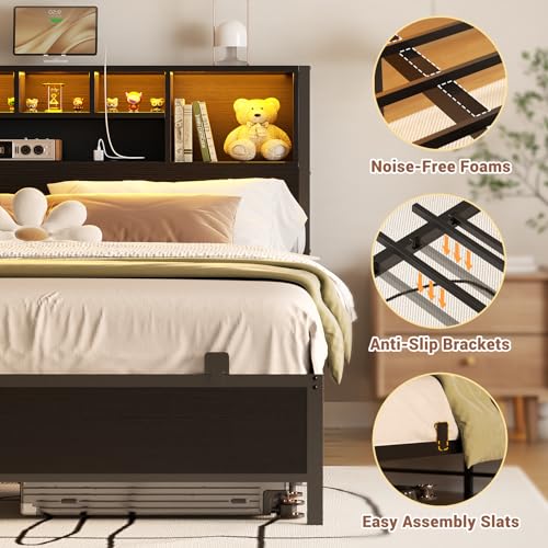 Homieasy Full Size Bed Frame with Bookcase Headboard, LED Lighting & Charging Station - Heavy Duty Metal Platform, No Box Spring Required Homieasy