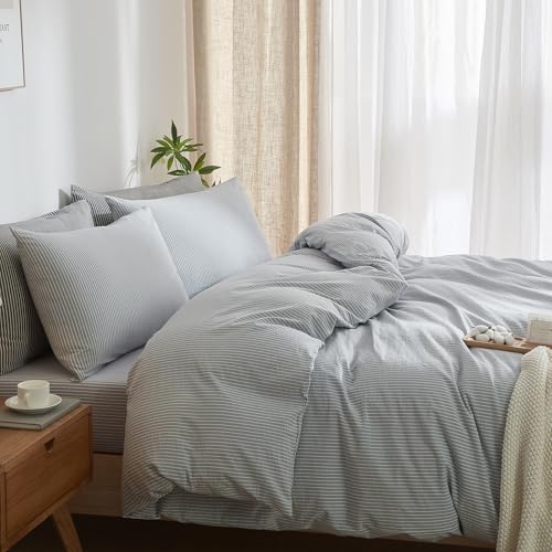 MWL Toy Striped Duvet Cover Set Twin Size 3 Pcs Breathable Durable 100% Washed Cotton Comforter Cover for All Seasons Chic Linen Like Textured Bedding Set (Light Blue White Pinstripes, Twin) MWL Toy