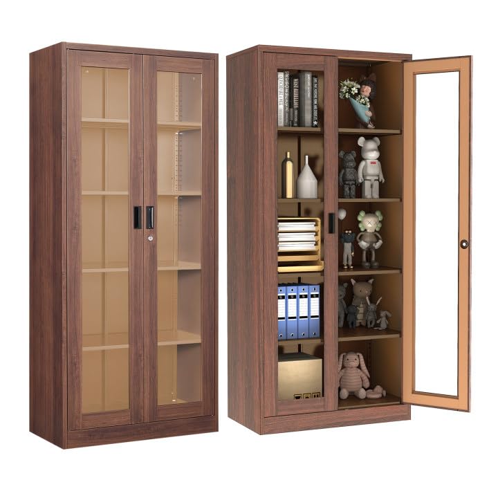 AFAIF 71" Tall Brown Metal Storage Cabinet with Glass Doors and Adjustable Shelves AFAIF