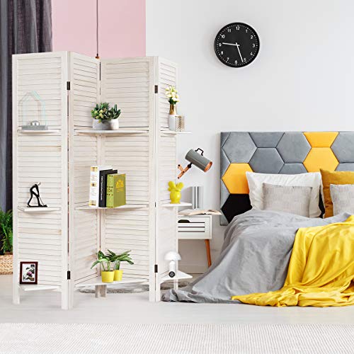 Giantex 4 Panel Room Divider with Shelve, Folding Privacy Screens, Wood Divider for Room Separation, 5.6 FT Foldable Wall Partition for Home Office Bedroom, White Giantex