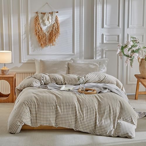 DuShow Grid King Duvet Cover Set - Tan Gingham Washed Microfiber Comforter Cover Set, 3 Pieces Plaid Checkered Soft Reversible Bedding Set(Tan,King) DuShow