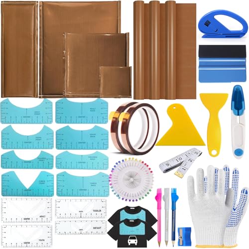 QUKLOGEN Heat Press Pillow Bundle Tools Kit Include 4 Heat Pressing Transfer Pillow Mat 3 Pack Teflon Sheet for Heat Press 2 Rolls Heat Resistant Tape 12 Different Size T Shirt Guide Ruler QUKLOGEN
