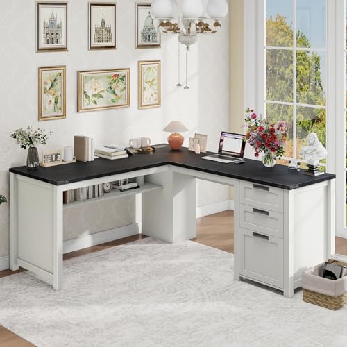 Halitaa Farmhouse L Shaped Executive Desk with Drawers and Storage Shelf, Corner Standing Desk with Charging Station L-Shaped Executive Desks for for Home Office, Study, Bedroom Halitaa