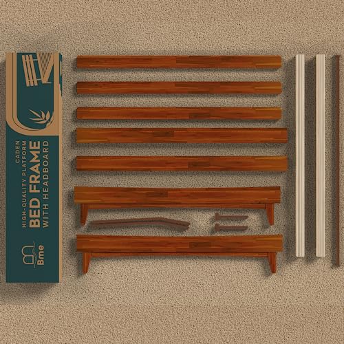 Bme Caden 15 Inch Adjustable Headboard Bed Frame - Mid Century Acacia Wood - No Box Spring Required - Dark Chocolate - Queen Size Bme