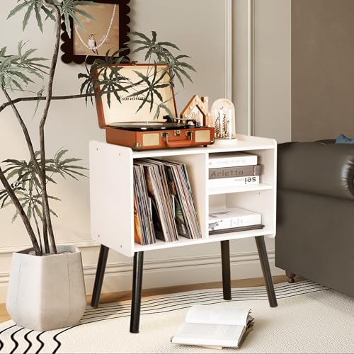 BEROXII Record Player Stand, Mid-Century Record Player Table with Storage Hold Up to 150 Albums , Vinyl Record Cabinet with Adjustable Shelves , Wood Turntable Stand for Living Room Bedroom, (White) BEROXII