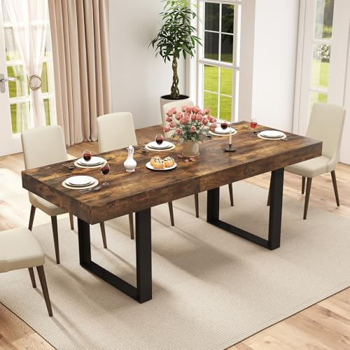 Zevemomo 63"-78.7" Expandable Dining Table, 6-10 Farmhouse Kitchen Table, Extendable Dining Table, Rectangular Kitchen Table with Metal Track, Tapered U-Shaped Leg for Dining Room,Office-Rustic Brown Zevemomo