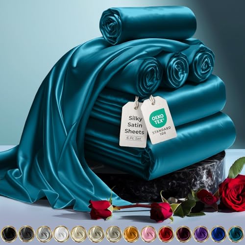 DECOLURE Satin Bed Sheets - 6 Piece Luxury Silky Queen Size Bedding Set - Softer Than Silk, Wrinkle-Free with 15” Deep Pocket Fitted Sheet, Perfect for Hair & Skin, Gifts for Women (Sea Teal) DECOLURE
