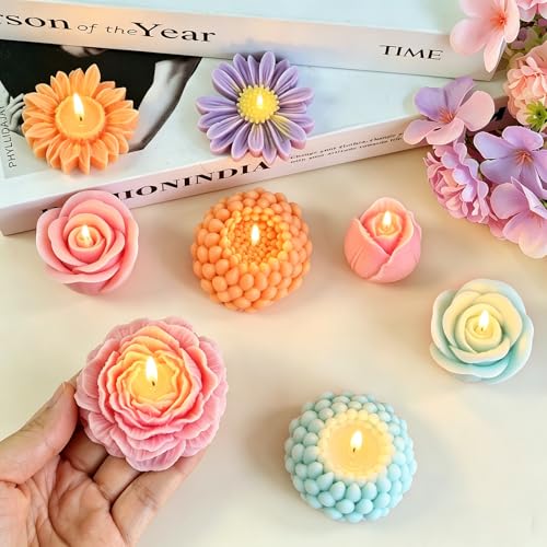 VvLons Flower Candle Molds, 6Pcs Rose, Peony, Tulip, Daisy, Sunflower, Chrysanthemum Flower Silicone Molds for Candle Making, Handmade Soap Gift, Aromatherapy Plaster, Epoxy Resin Casting