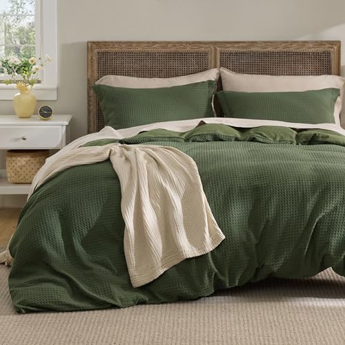 Bedsure Luxury Waffle Duvet Cover King Size - Textured Duvet Cover Set, Soft, Breathable Bedding Set (104"x90") with 2 Pillow Shams for All Season, Olive Green, Comforter Not Included Bedsure