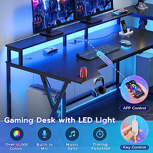 SEDETA Gaming Desk 70.8'' with LED Lights and Storage Shelves, Computer Desk with Monitor Stand, Power Outlets and Cup Holder, Large PC Gamer Desk, Gaming Table for Bedroom, Living Room, Black SEDETA