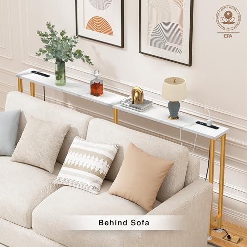 Keelian 78Inch Console Table with Outlet, Sofa Table with Charger,Skinny Hallway Table, Narrow Entryway Table,Table Behind Sofa,for Living Room,Gold & White Keelian