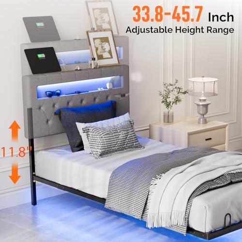 VINGLI Twin Floating Bed Frame with Upholstered Headboard,Charging Station/LED Lights, Modern Platform Bed,Heavy Duty Metal Bed Frame,Adjustable Headboard, No Box Spring Needed, Easy Assembly,Grey VINGLI