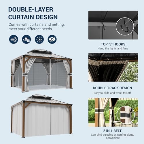 UDPATIO 10' x 12' Hardtop Gazebo, Wood Grain Finish Aluminum Frame Outdoor Gazebo with Galvanized Steel Double Roof, Metal Gazebo Canopy with Curtain and Netting for Garden, Patio and Deck, Grey UDPATIO