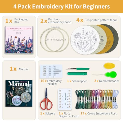 ETSPIL Embroidery Kit for Adults & Beginners — Learn Easily with 4K Videos, 2 Hoops, Pre-Printed Floral Patterns, Beginner-Friendly Stitches, Relaxing Craft for Women