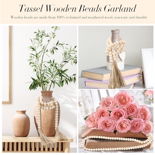 Geetery 6 Pcs Beads 58'' Wood Bead Garland with Tassels Rustic Country Decor Prayer Boho Beads Big Wall Hanging Decor Farmhouse Beads Versatile Prayer Beads for Home Wall Table Decor (White) Geetery