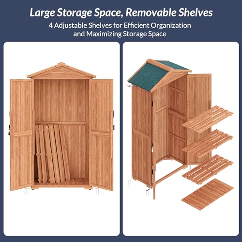 BELLEZE Outdoor Storage Shed with 4 Removeable Shelves, Wooden Garden Shed Lockable Tool Cabinet with Waterproof Roof, Outside Tall Tool Shed for Patio Backyard Lawn Yard - Wood BELLEZE