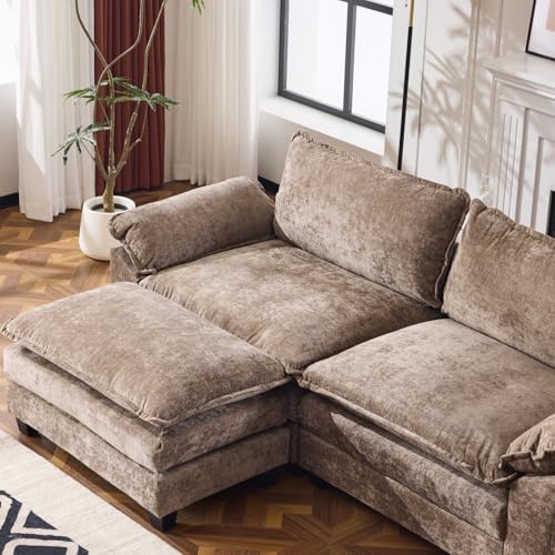 VINGLI Convertible Sectional Loveseat Sofa for Apartment with Deep Seat &Movable 2-Layer Ottoman, Oversized L-shape Cloud Sofa with Chaise &Armrests, 2-Seat Sofa for Small Spaces, Chenille,Light-Brown VINGLI