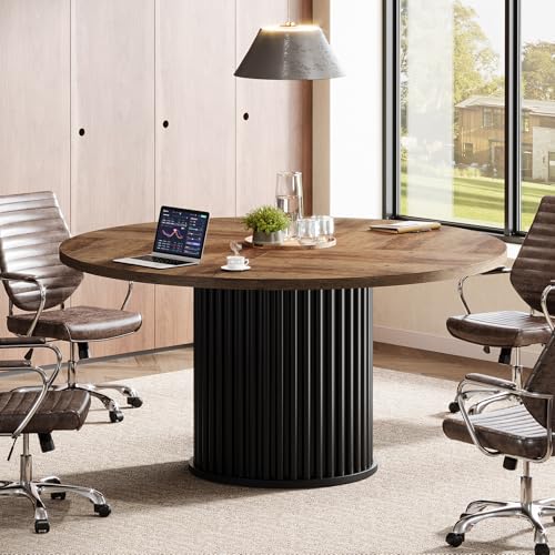Tribesigns 47-Inch Round Conference Table, Meeting Table for 4-6 People, Small Office Desk with Sturdy MDF + Metal Base, Perfect for Conference Room or Small Workspaces, Brown + Black Tribesigns
