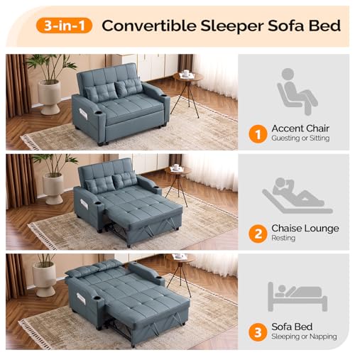 VINGLI Convertible Loveseat Sleeper, Blue Grey Faux Leather Futon Sofa Bed Pullout Couch Bed with USB Ports, Cup Holders, Armrest for Living Room, Bedroom, Home Office Apartment VINGLI