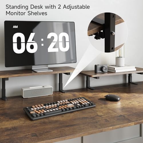 ONBRILL Standing Desk with 2 Adjustable Monitor Shelves, 63 x 24 Inches Electric Stand Up Desk with Memory Controller and Adjustable Height from 28-46 inches for Computer Workstations, Rustic Brown ONBRILL