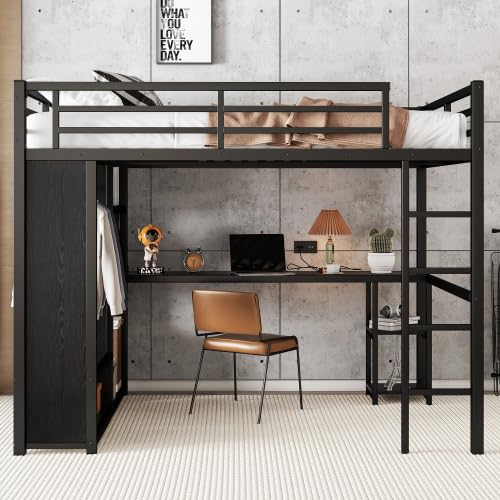 Queen Size Loft Bed with Built-in Wardrobe, Metal Loft Bed Frame with Desk and Storage Shelves, Black Bellemave