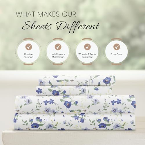 Linen Market 4 Piece King Sheet Set - Breathable, Double-Brushed Patterned Cooling Sheets – Oeko-TEX Certified Ultra Soft & Wrinkle-Free 16" Deep-Pocket King Sheets - Easy Care Blossoms Light Blue Linen Market
