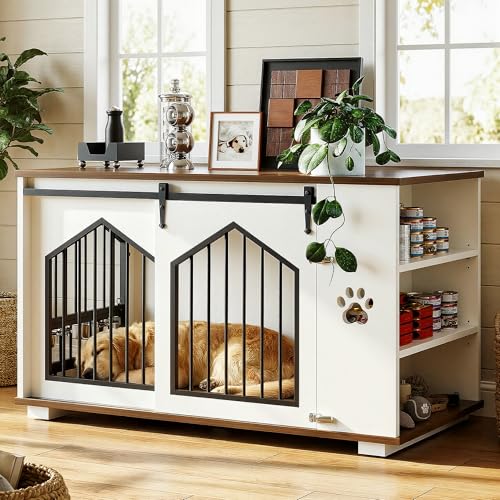 IRONCK Large Dog Crate Furniture with 2 Rotatable Dog Bowls, Wooden Dog Kennel with 2 Adjustable Shelves, Barn Doors Decorative Pet Cage Dog House as TV Stand, White IRONCK