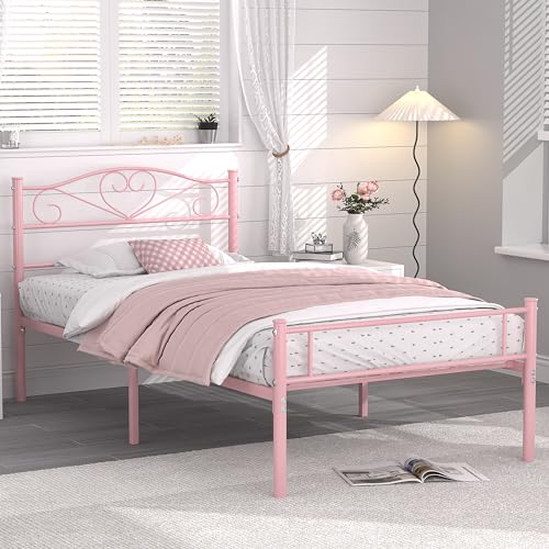 VECELO 14 Inch Twin Size Metal Platform Bed Frame with Headboard and Footboard, Heavy Duty Mattress Foundation with Steel Slats Support, No Box Spring Needed, Pink VECELO