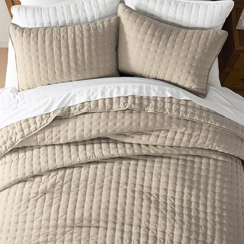 WDCOZY Beige King Size Quilt Bedding Sets with Pillow Shams, Tan Cream Lightweight Bedspread Coverlet, Quilted Blanket Thin Comforter Bed Cover, All Season Summer Spring, 3 Pieces, 104x90 inches WDCOZY