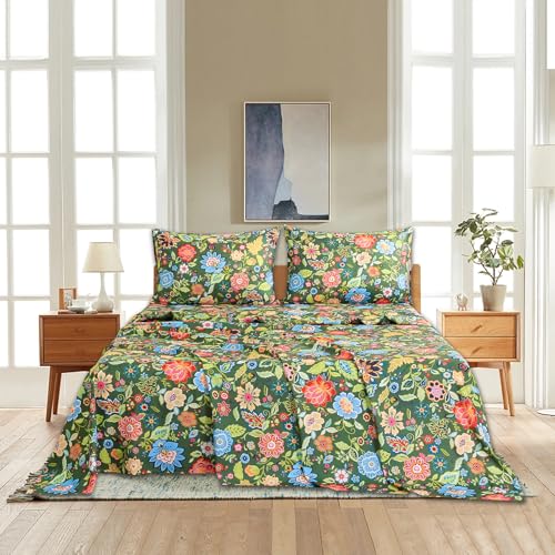 Bedlifes Full Sheet Set Ultra Soft, Breathable, Silky Flower Deep Pocket 100% Microfiber Bedding, 4 Piece Full Size with Floral Dark Green Bedlifes