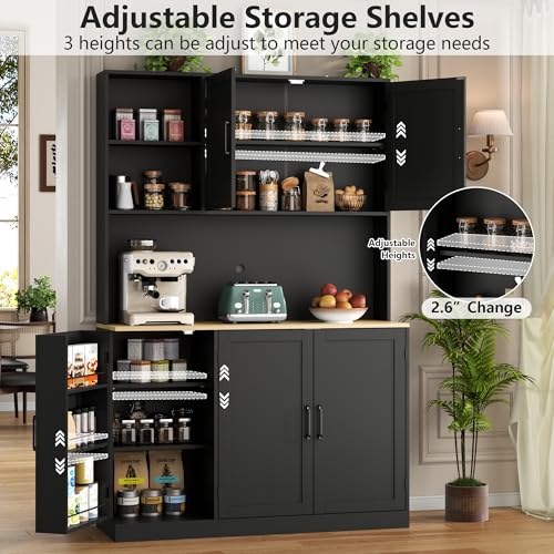 71" Tall kitchen Pantry Storage Cabinet, Modern Kitchen Hutch with 3 Pull-out Drawers, Kitchen Pantries with Microwave Stand & Door Shelf, Food Pantry with Adjustable Shelves for Dining Room (Black) Gyfimoie
