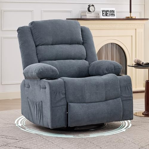 Rocking Recliner Chair for Adults Wide 360° Swivel Rocker Recliner with Cup Holder Nursery Glider with Upholstered Deep Seat Linen Lazy boy Chair for Living Room Blue
