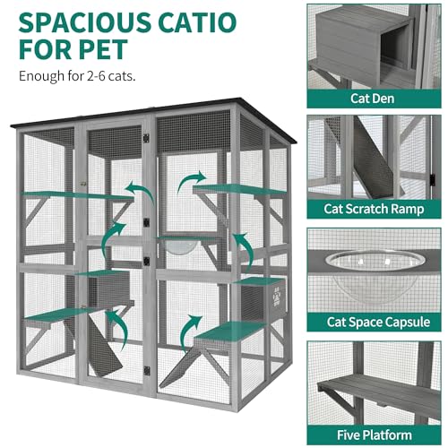 YITAHOME Catio Outdoor Cat Enclosure Large, Tall Wooden Cat House with Weatherproof Asphalt Roof, Cat Cage Playpen with Multiple Platforms & 2 Resting Boxes, 70.9" L x 38.2" W x 70.9" H YITAHOME