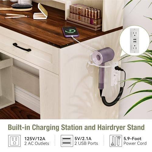 NUNU LAB Modern Makeup Vanity Desk with Mirror and Chair, Vanity Desk Set with Drawers, RGB Glass Cabinet and 3-Colour Hollywood Lights, White Vanity Table with Charging Station for Women Girls NUNU LAB